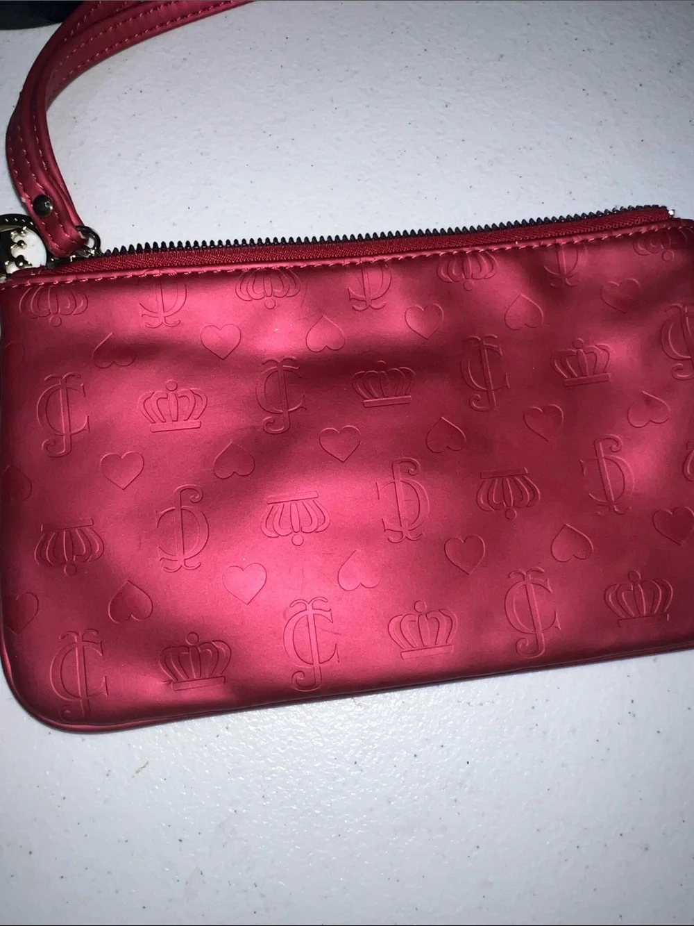 Juicy Couture Red Embossed Satin Wristlet Clutch with Gold Hardware